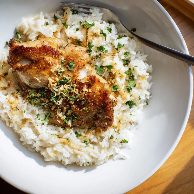 Golden chicken thighs simmered with creamy rice make a delicious One-Pot Garlic Parmesan Chicken and Rice.