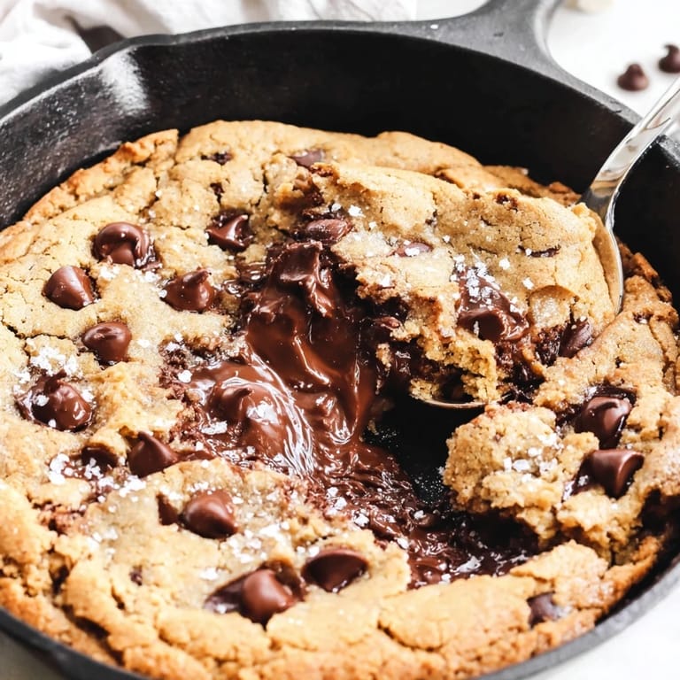 Warm, delicious Gooey Chocolate Chip Skillet Cookie served with a scoop of ice cream.