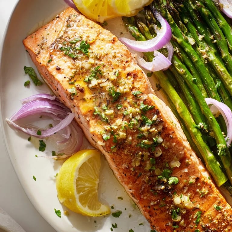 Delicious One-Pan Lemon Garlic Salmon with Asparagus, ready in under 30 minutes, perfect for dinner.  
