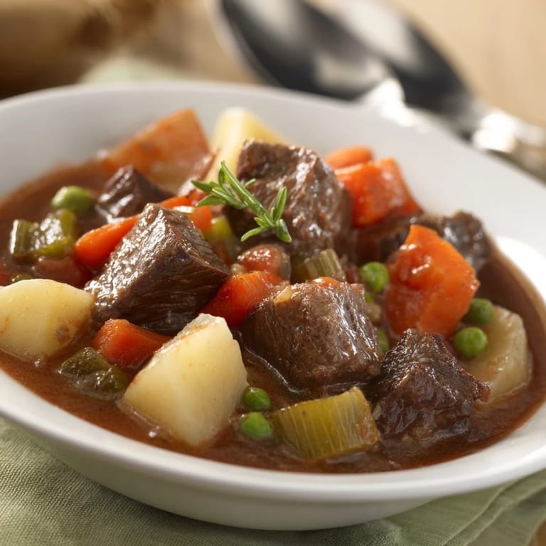 Savory Hearty Beef and Vegetable Stew garnished with parsley, perfect for cozy family dinners.