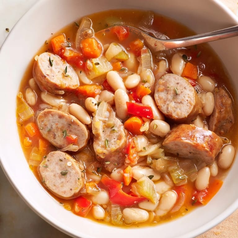 Savory sausage and white bean stew bubbling with vegetables, great served with crusty bread.