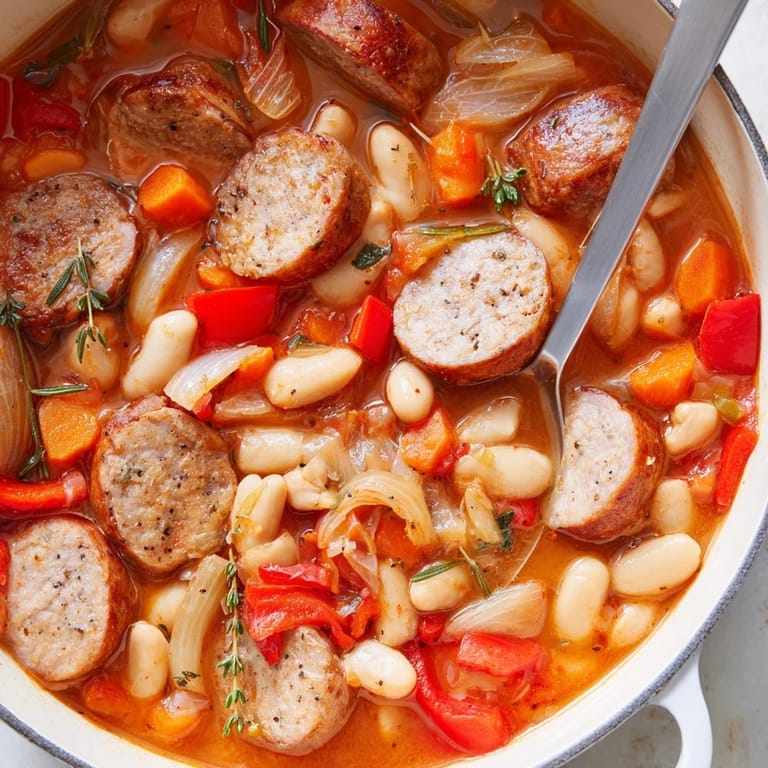 Comforting sausage and white bean stew in rich tomato broth, ideal for cozy meals.  