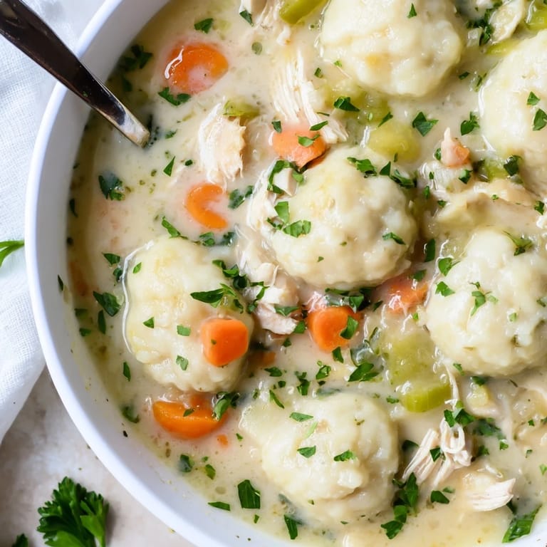 Tender chicken and fluffy dumplings create a cozy Classic Chicken and Dumplings meal.  