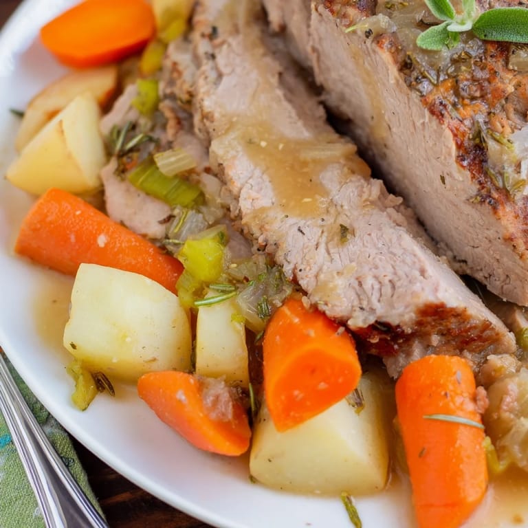 Tender Slow Cooker Pork Roast with Root Vegetables plated with gravy and fresh herbs garnish.  