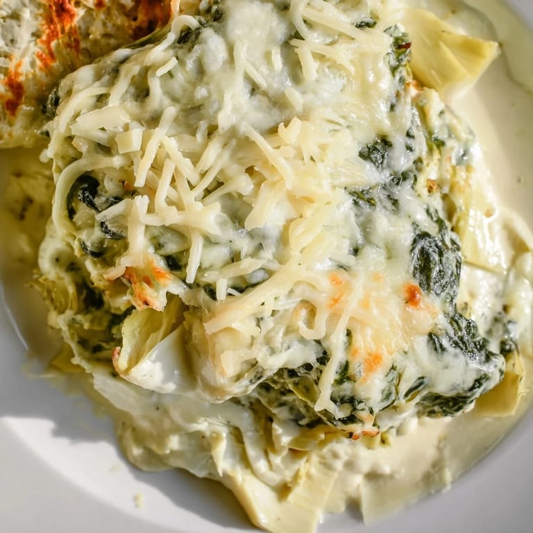 Delicious Cheesy Spinach and Artichoke Bake, perfect for dipping with toasted baguette slices.  