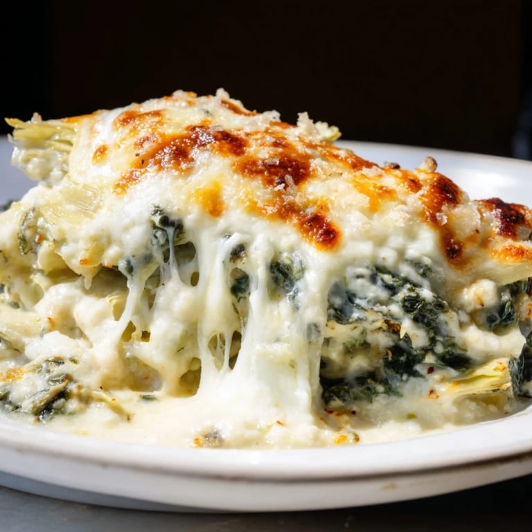 Savory Cheesy Spinach and Artichoke Bake bubbling with flavor, ideal as a hearty main.