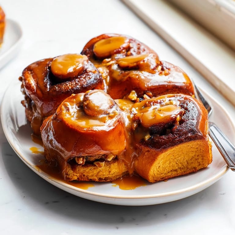 Warm, cinnamon-swirled sticky buns topped with pecans, ideal for a cozy breakfast.  