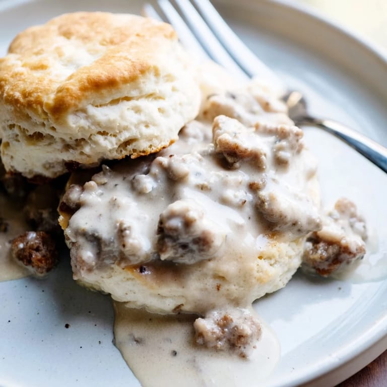 Warm, buttery biscuits drenched in creamy sausage gravy for a cozy breakfast treat.  