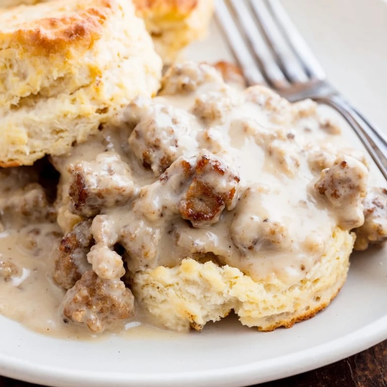 Rich sausage gravy poured over golden biscuits creates a comforting Southern classic dish.