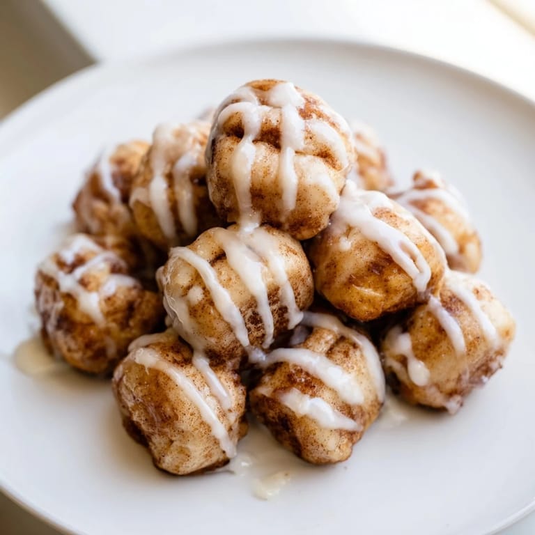 Pillowy dough Warm Cinnamon Roll Bites, drizzled with glaze, perfect for breakfast.  