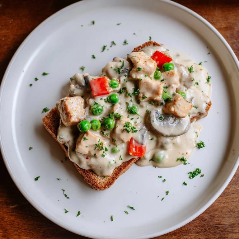 Warm Chicken à la King over toast: tender chicken and vegetables in a creamy sauce, perfect for a cozy meal.