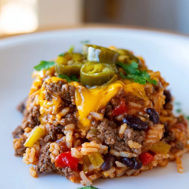 A close-up view of a baked Tex-Mex Beef & Rice Casserole, showcasing gooey cheese and delicious flavors.