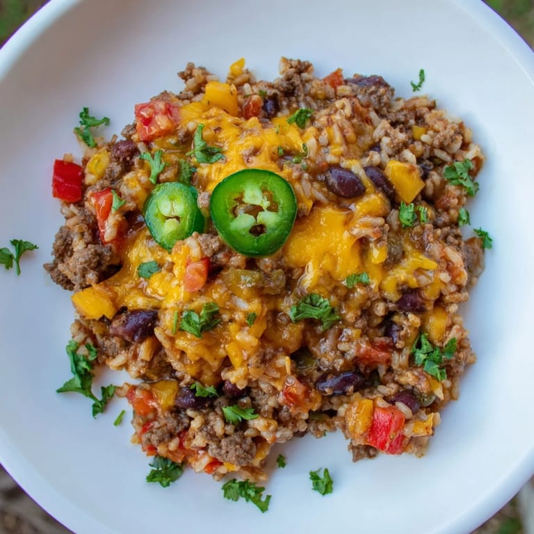 Steaming hot Tex-Mex Beef & Rice Casserole, with visible ground beef and colorful veggies in a casserole dish.