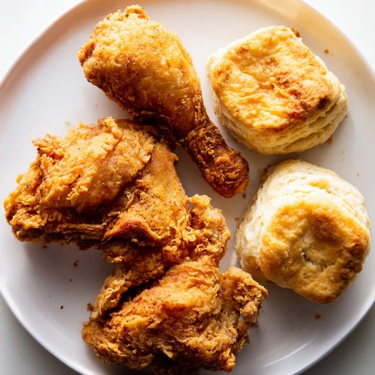 Imagine tender, juicy Southern fried chicken alongside warm, fluffy buttermilk biscuits on a plate.