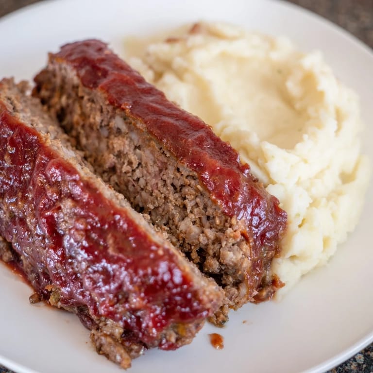 A hearty plate of glistening Classic Meatloaf & Mashed Potatoes, a flavorful, quintessential American dinner awaiting.