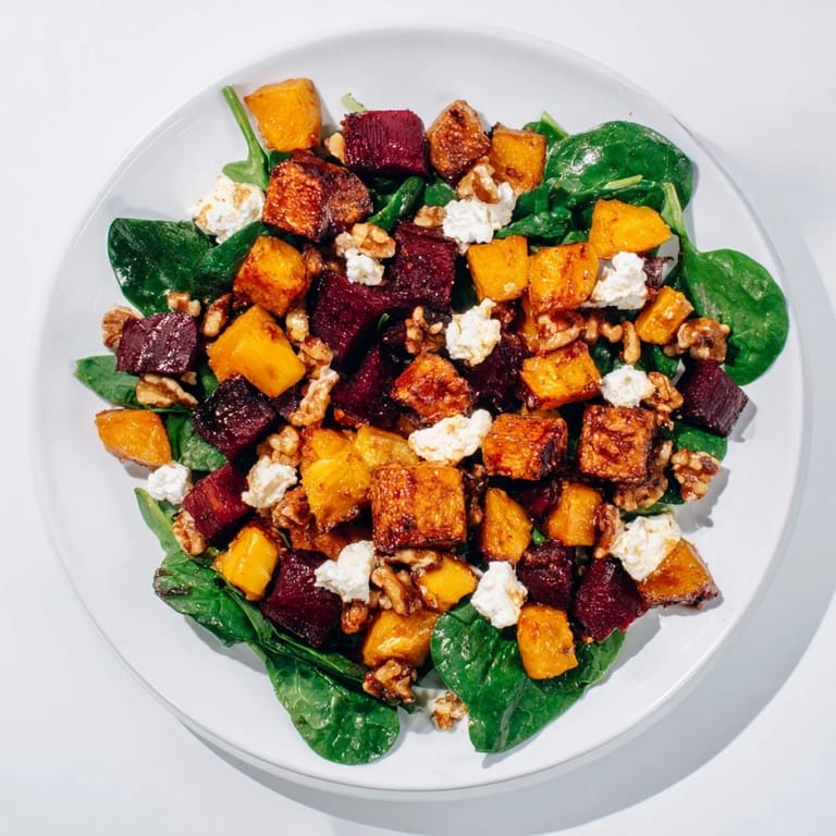 Freshly tossed Roasted Beet, Butternut & Spinach Salad, featuring colorful roasted vegetables.