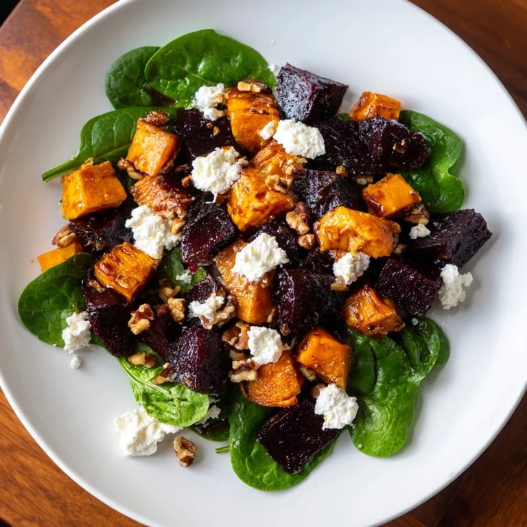 Vibrant image of a Roasted Beet, Butternut & Spinach Salad, ready to be enjoyed as a meal.