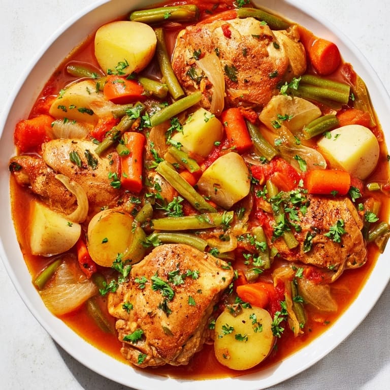 Earthy tones of a finished Slow-Cooker Chicken & Vegetable Stew, perfect for a cozy, gluten-free dinner.