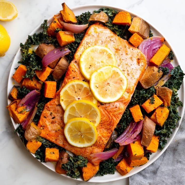 Sheet-Pan Salmon with tender vegetables, glistening on a baking sheet, offering a balanced meal.