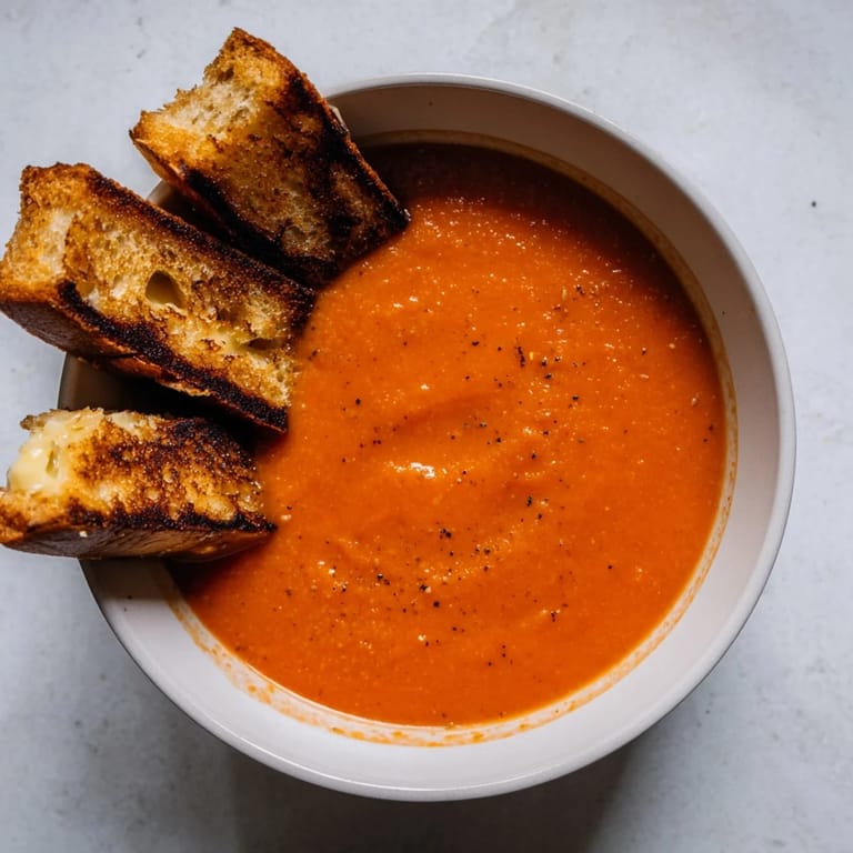Close-up of a bowl of rich 5-Ingredient Tomato Soup alongside a perfectly grilled cheese sandwich, ready to enjoy.