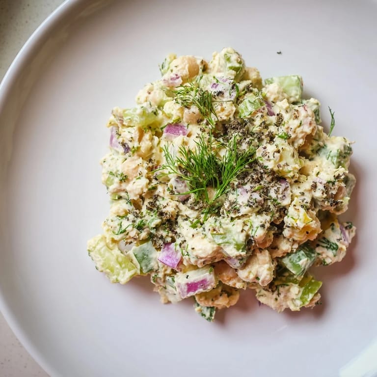 Close-up of fresh chickpea tuna salad, flavorful with capers and a bright lemon dressing.