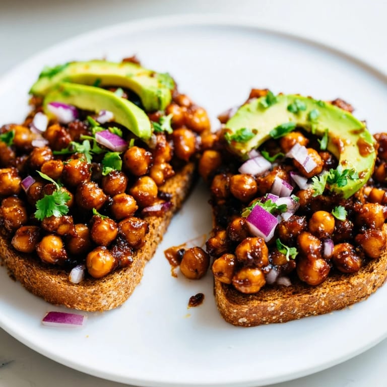 Golden toast slices topped with vibrant BBQ chickpeas, ready to eat and enjoy.