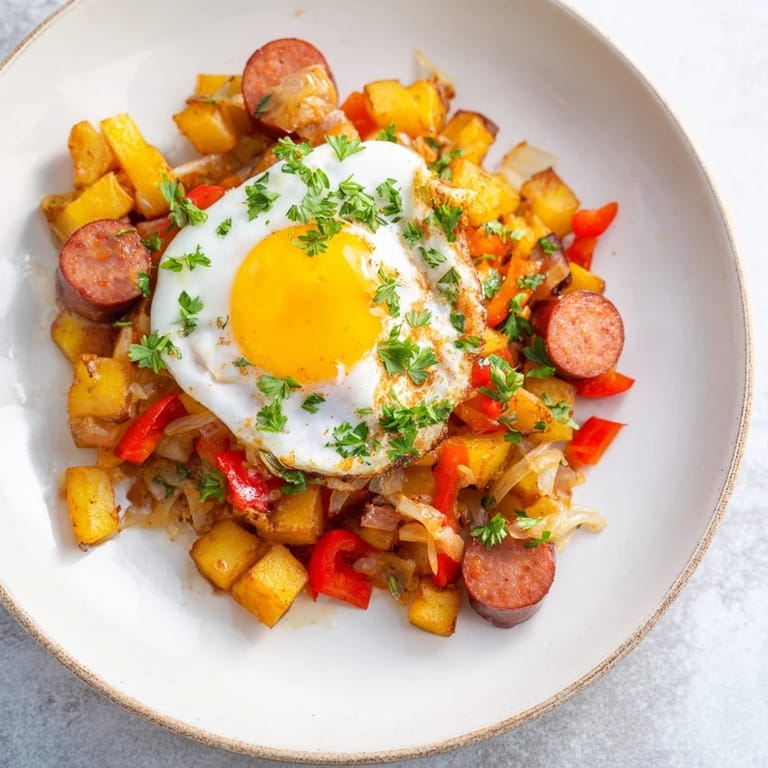Hearty Egg & Potato Hash, a filling skillet meal with hot dogs, onions, and sunny-side-up eggs.