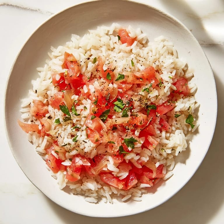 A warm, inviting image of the finished tomato-rice skillet dinner, perfectly seasoned and cooked.