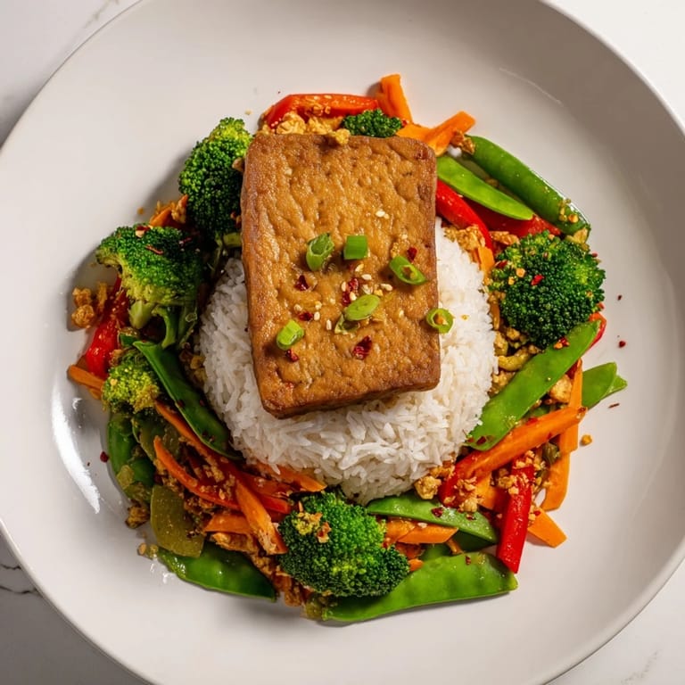 A close-up reveals crispy edges on the pressed tofu steaks, complementing the colorful stir-fried veggie side dish.