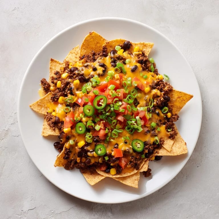 A close-up of fully loaded Sheet-Pan Nachos, with fresh cilantro and a cool dollop of sour cream.
