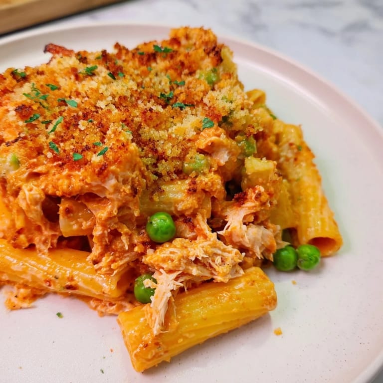 A close-up of a creamy and cheesy tuna pasta bake, ready to be served hot.