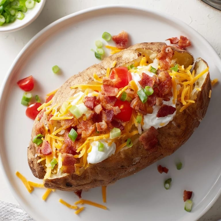 A vibrant arrangement of toppings complements a fluffy Baked Potato Bar, perfect for a casual dinner.