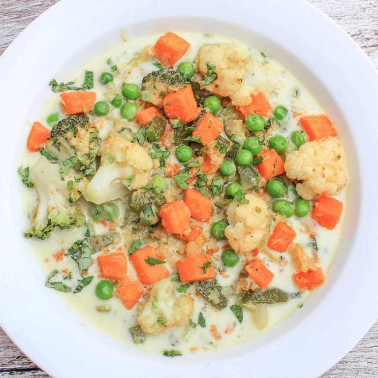 Golden Veggie Coconut Curry, garnished with cilantro, served in a bowl with fluffy rice.