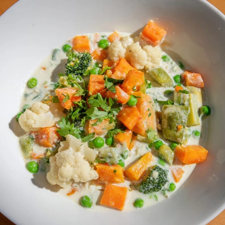 Fragrant, inviting Veggie Coconut Curry; visually, the dish displays colorful vegetables in coconut milk.