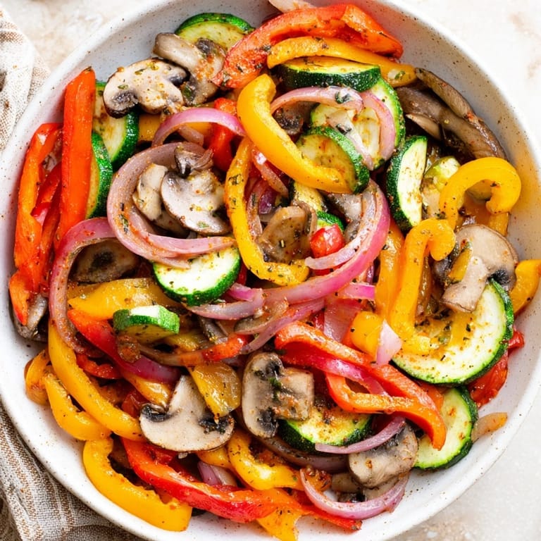 A close-up of steaming Veggie Skillet Fajitas, bursting with colorful peppers and onions alongside warm tortillas.