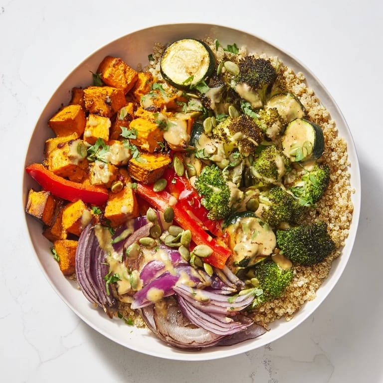 Hearty quinoa bowl featuring caramelized seasonal vegetables, drizzled with creamy lemon-tahini dressing for flavor.