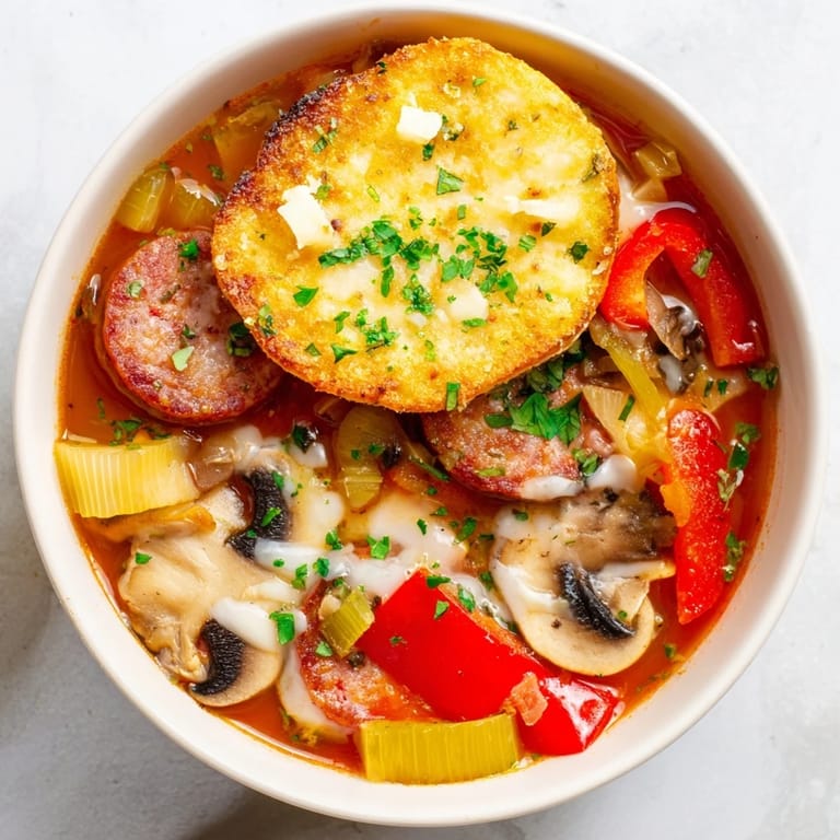 Golden-brown pizza dough floats above the savory Pizza Pot Pie Soup mashup, served in a bowl.