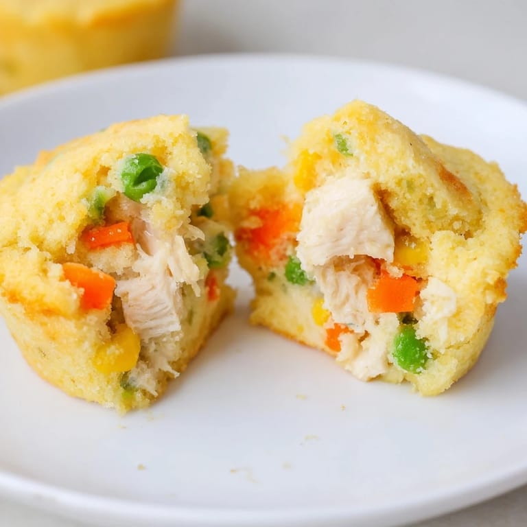 Fluffy cornbread muffins filled with creamy chicken pot pie; a delightful snack or dinner.