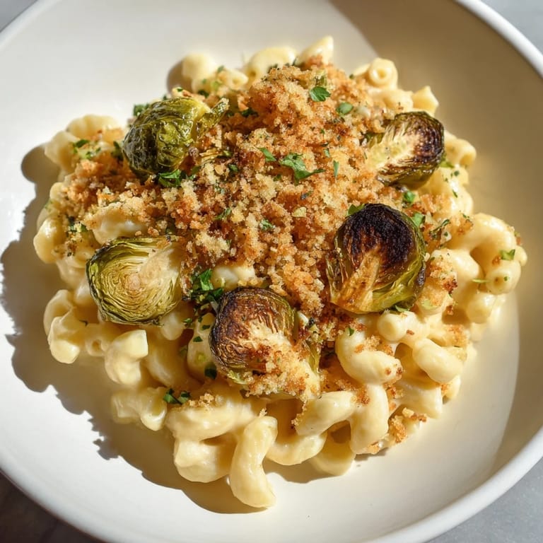 Crispy-topped Sheet Pan Mac and Cheese, featuring tender Brussels sprouts and a rich, creamy cheese sauce.