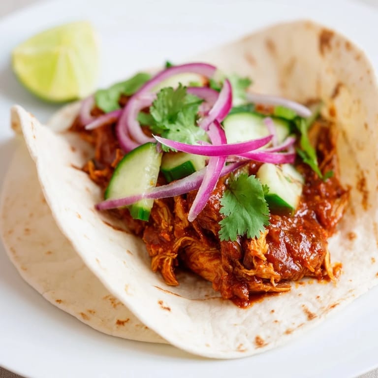 Sizzling close-up of tender chicken tikka masala within warm, soft taco shells.