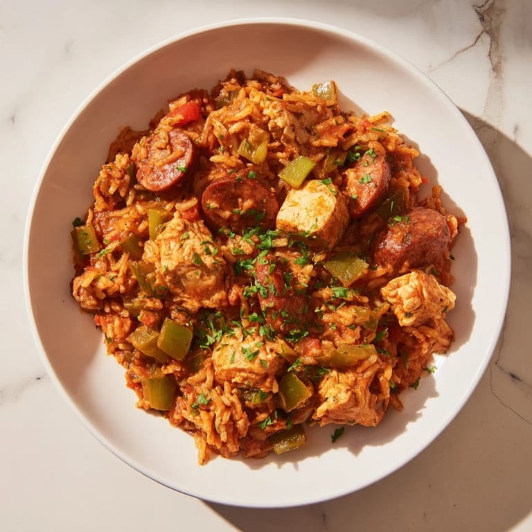 The flavorful Simple Chicken and Sausage Jambalaya Bake shows tender chicken and vegetables mingling with seasoned rice.