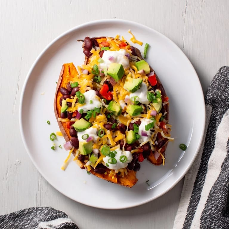 A close-up of delicious Savory Baked Sweet Potato Chili Boats, ready to be enjoyed with fresh cilantro and avocado.