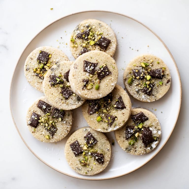 Close-up of freshly baked Salted Pistachio Chocolate Chunk Shortbread, perfect alongside a warm beverage.