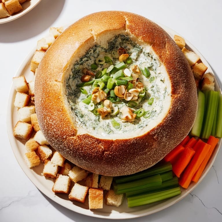 Close-up of the best spinach dip ever, surrounded by vibrant vegetables and a golden bread bowl.