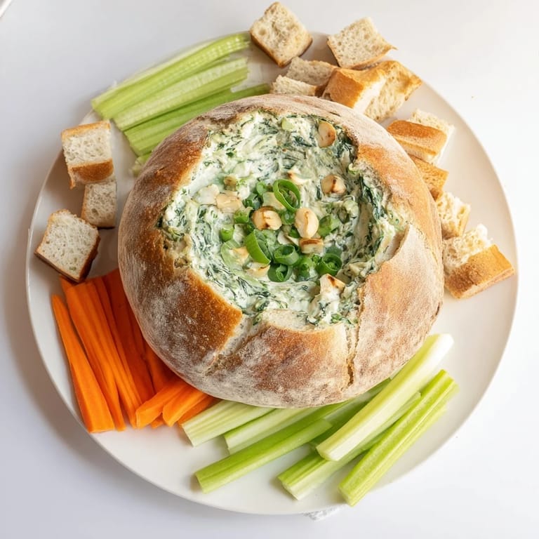 Freshly made spinach dip, a flavorful appetizer served with crusty bread cubes, ready to enjoy.