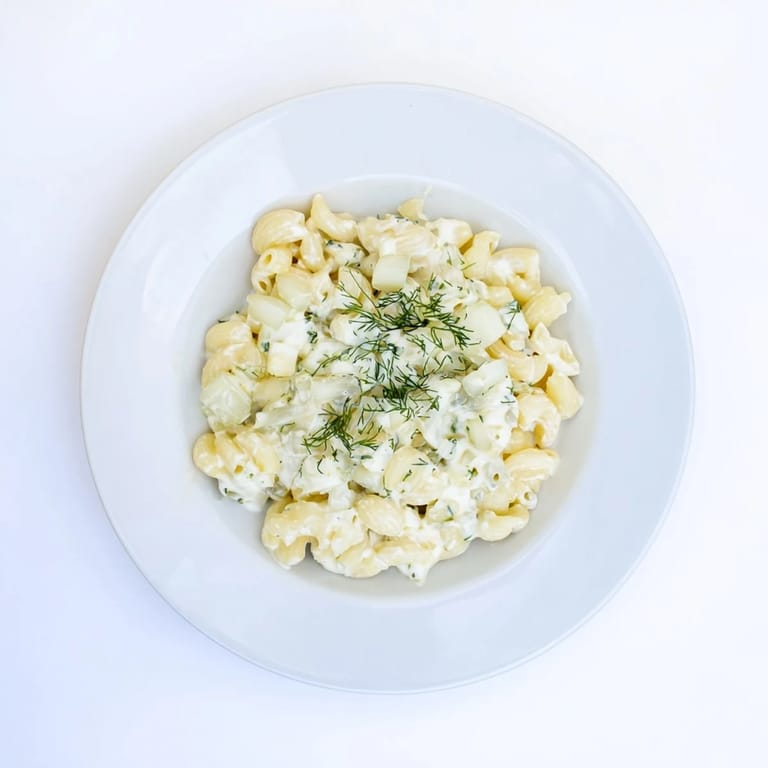 A comforting bowl of Pickle Mac and Cheese, featuring vibrant green pickles and fresh dill.