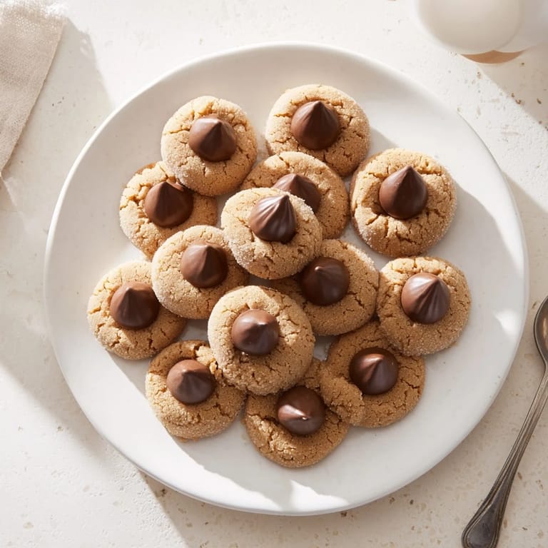 Freshly baked 3-Ingredient Peanut Butter Blossoms, a plateful of delightful peanut butter cookies.