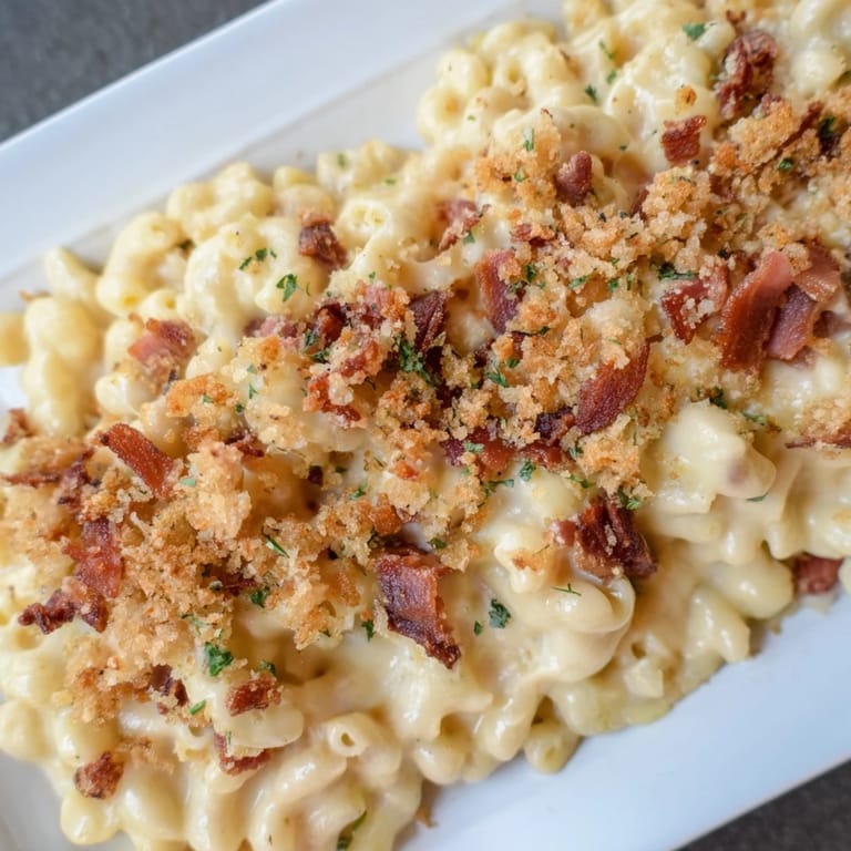 A close-up of sheet pan mac and cheese, featuring a rich, cheesy sauce and bacon topping.