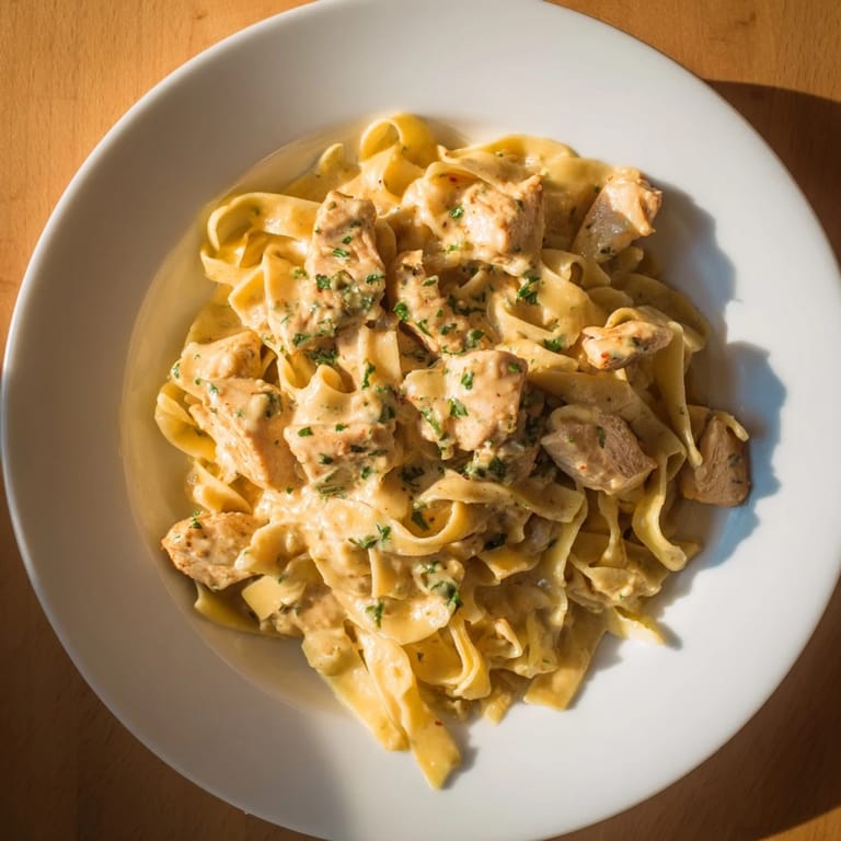 A bowl of Cowboy Butter Chicken Pasta; imagine the aroma of garlic and fresh parsley with every bite.