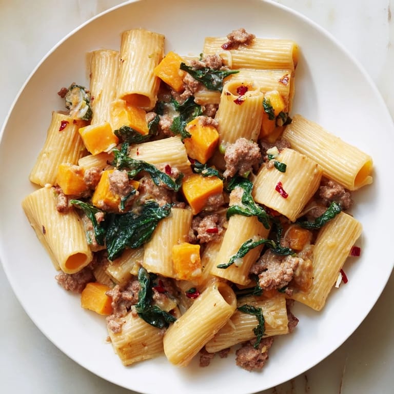 A close-up of Creamy Rigatoni showcasing butternut squash and savory Italian sausage.